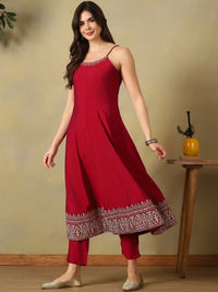 Motif Etnik Wanita Mamicha Bersulam Benang Biasa Kurta Kerja dengan Seluar & Dengan Dupatta