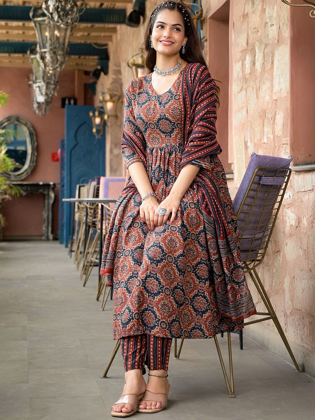 KALINI Ethnic Motifs Printed A-Line Kurta with Trousers & Dupatta