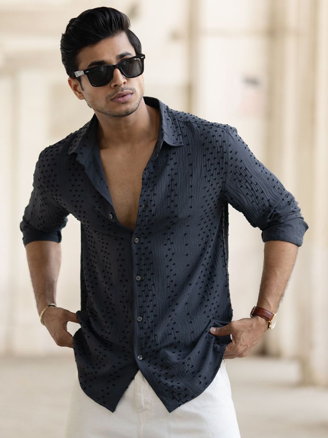Powerlook Men Spread Collar Textured Casual Shirt