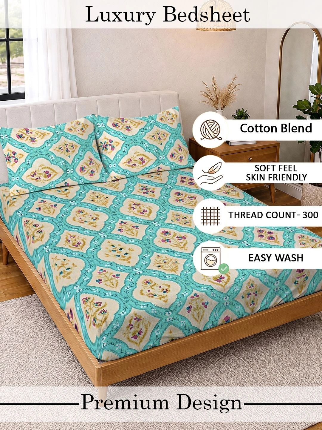 KLOTTHE Blue & White Floral 300 TC King Bedsheet with 2 Pillow Covers