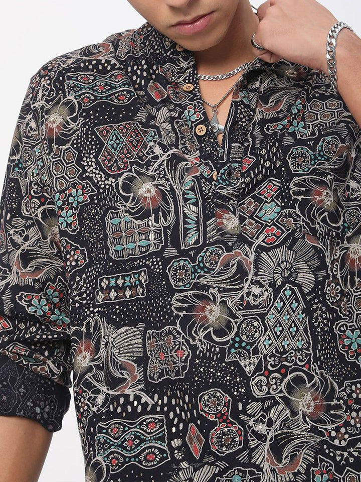 VASTRADO Picturesque Abstract Printed Band Collar Straight Kurta