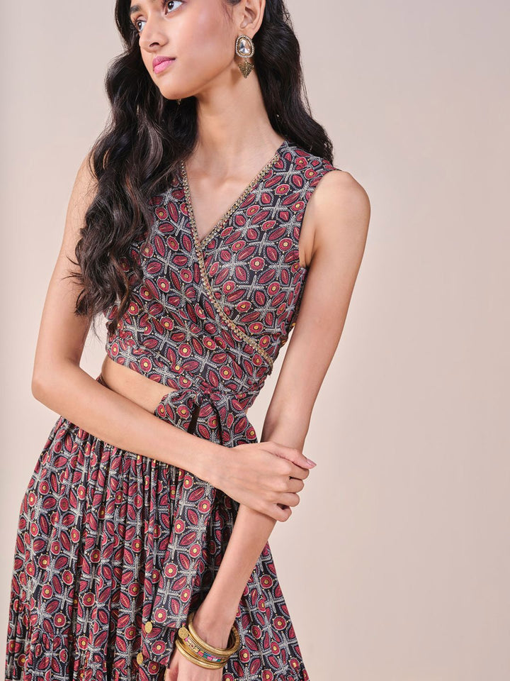 Global Desi Geometric Printed Sleeveless Top With Skirt