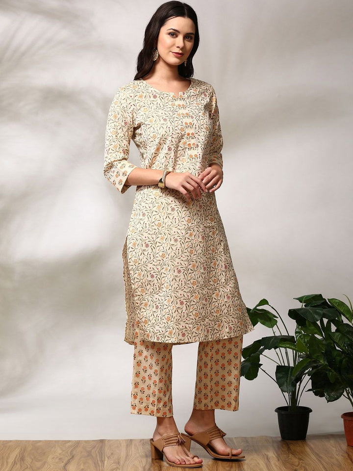 Anouk Floral Printed Regular Pure Cotton Straight Kurta with Trousers