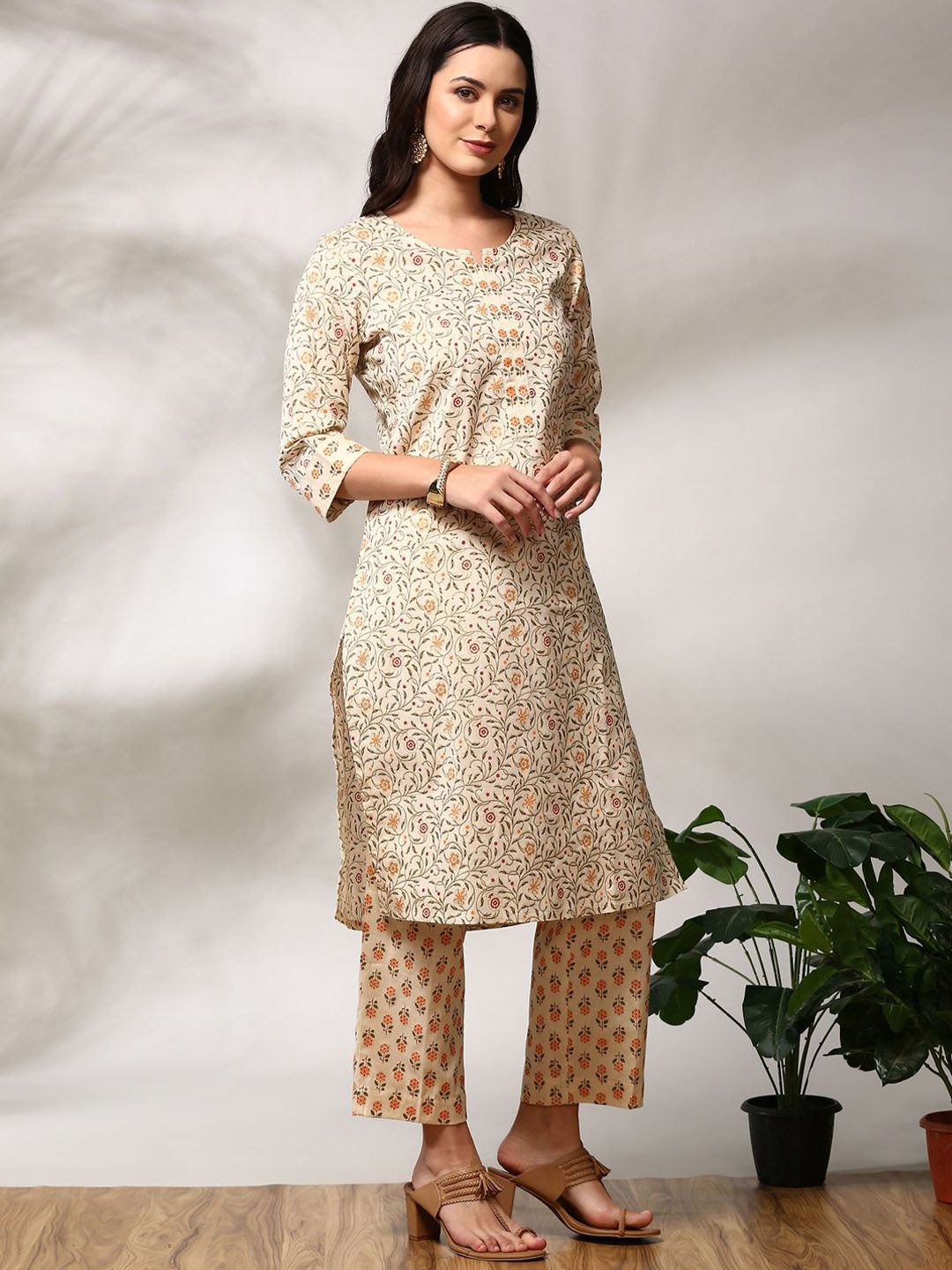 Anouk Floral Printed Regular Pure Cotton Straight Kurta with Trousers