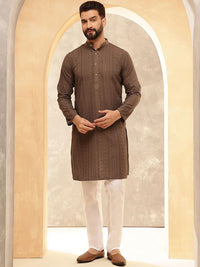 Anouk Brown Geometric Embroidered Sequence Mandarin Collar Straight Kurta