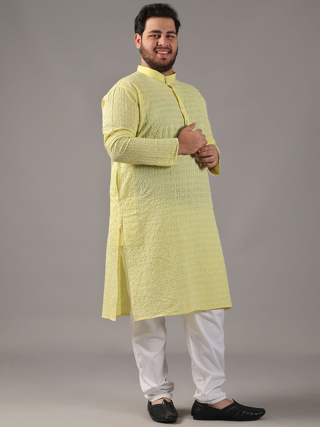SOJANYA PLUS Plus Size Lelaki Motif Etnik Sulam Kurta Kapas Tulen Bersama Piyama