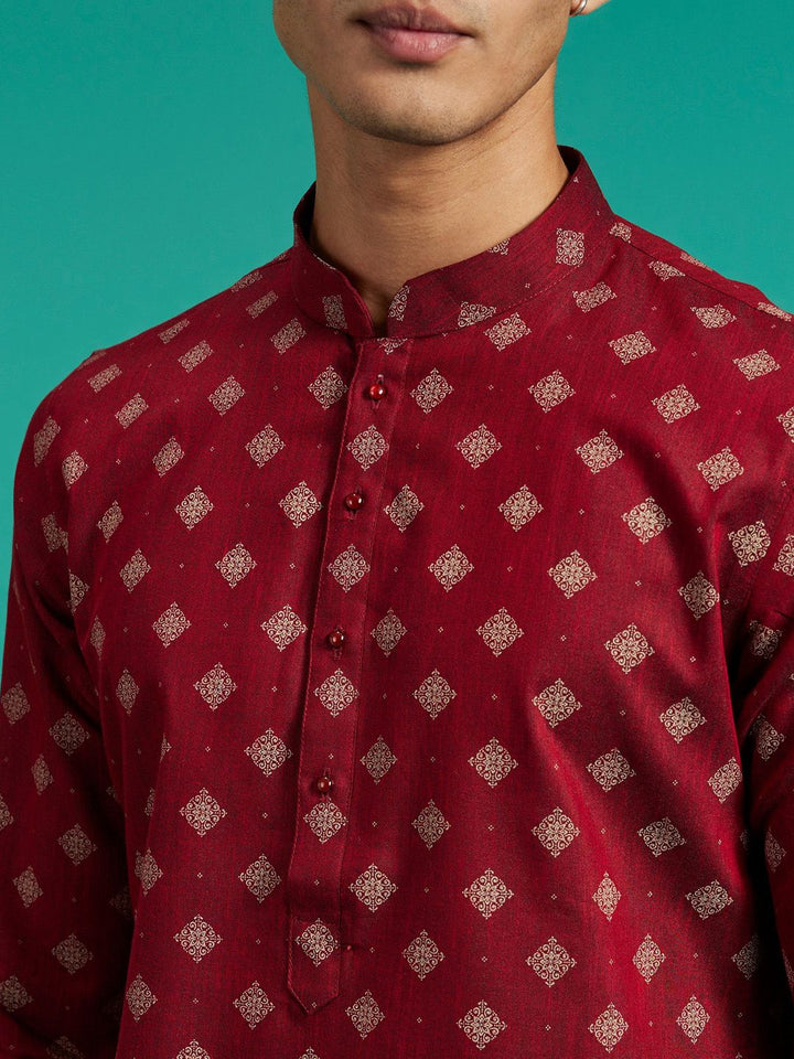 Diwas oleh Manyavar Ethnic Motifs dicetak leher kolar mandarin biasa Kurta kapas tulen