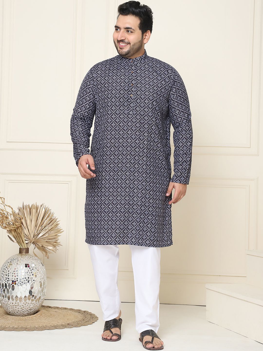 SOJANYA PLUS Motif Etnik Bercetak Kolar Mandarin Kurta Lurus Kapas Tulen dengan Piyama