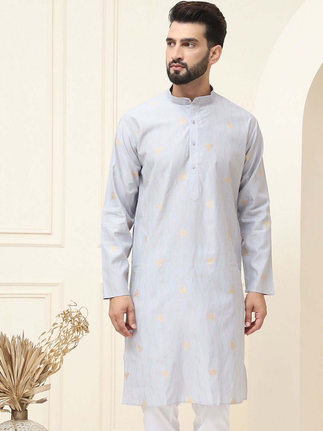 SOJANYA Geometric Woven Design Band Collar Jacqard Straight Kurta