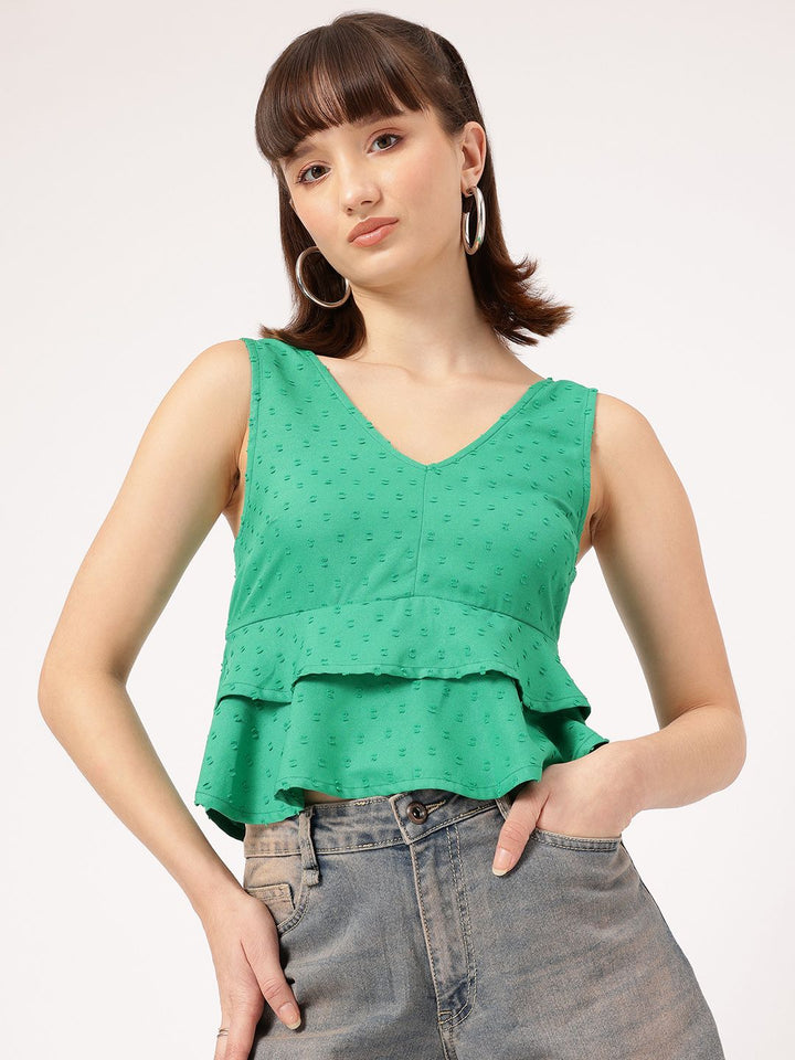 DressBerry Fusion Flair Dobby Detail V-Neck Ruffles Sleeveless Top