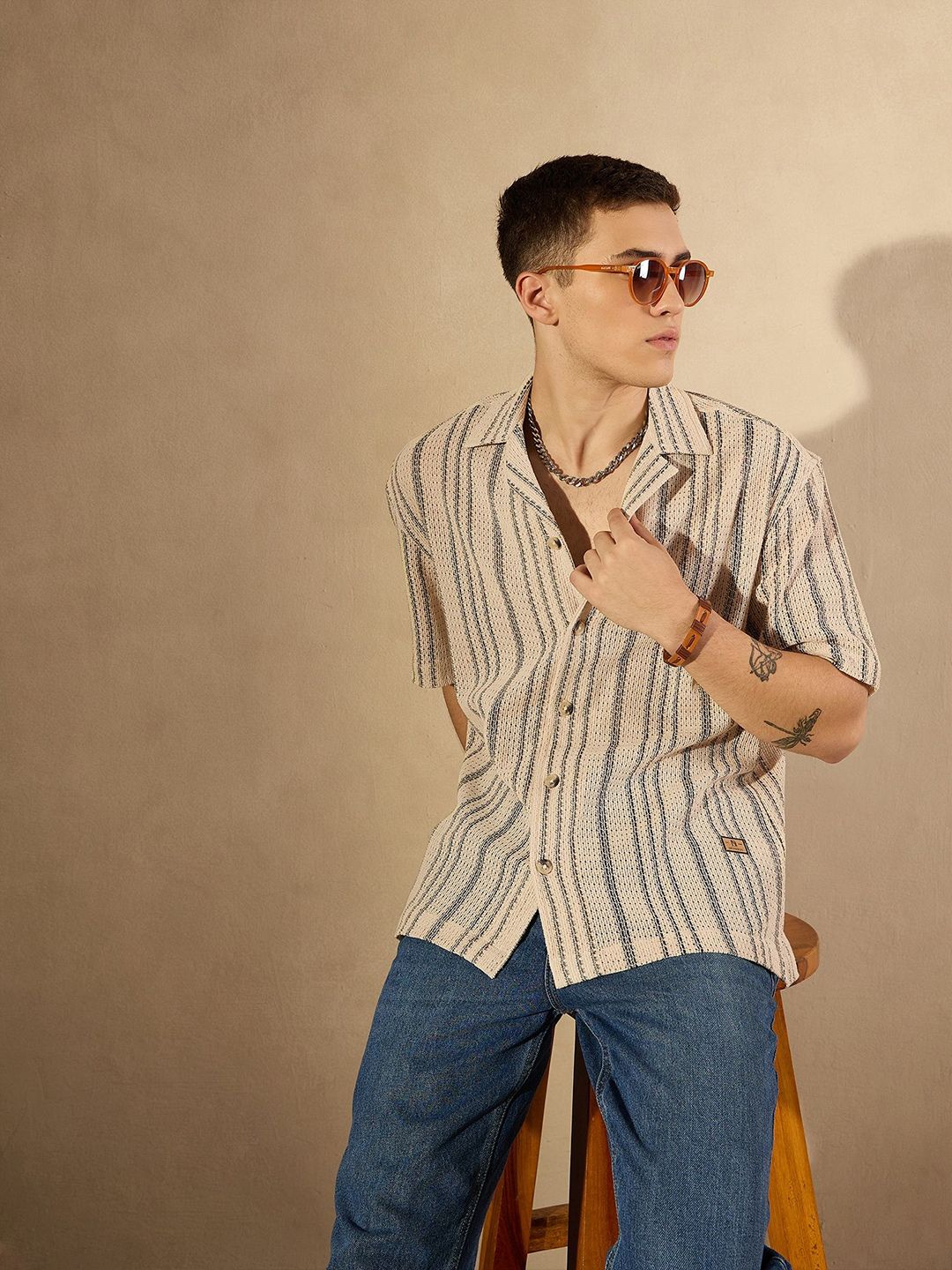 DENNISON Men Smart Cuban Collar Striped Cotton Oversized Casual Shirt