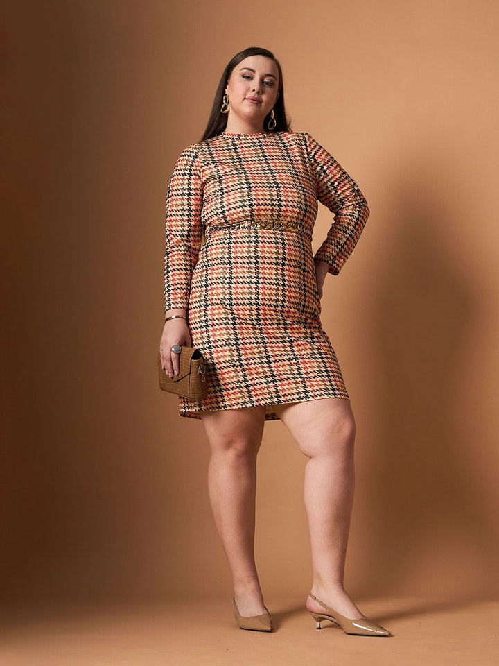 SASSAFRAS Curve Embellished Checked Sheath Dress