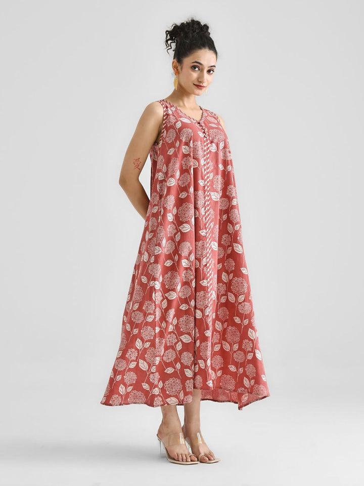 Rustorange Floral Printed Cotton A-Line Maxi Dress