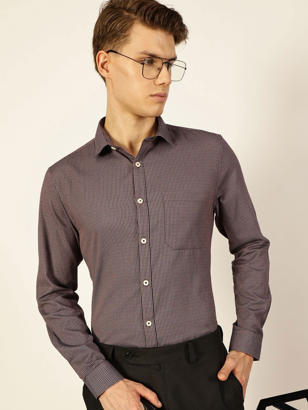 Thomas Scott Men Smart Spread Collar Pinstripes Striped Cotton Formal Shirt
