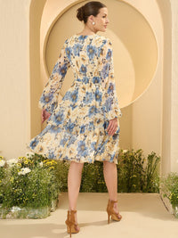 Antheaa Women Floral Print Puff Sleeve Chiffon Fit & flare Layered A-Line Dress