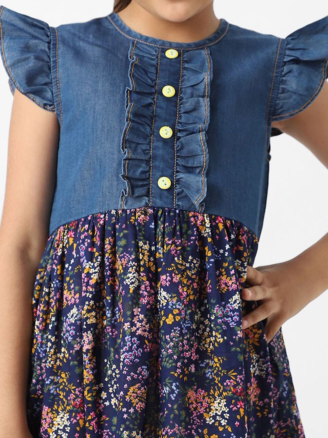 Nauti Nati Girls Denim Floral Printed Flutter Sleeves Dress