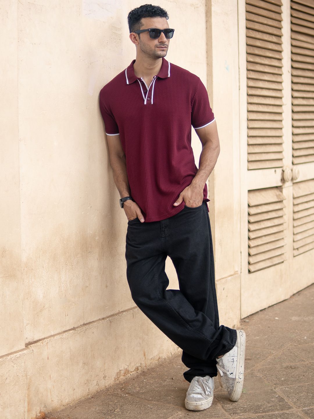 Powerlook Men Maroon Self Design Structured Polo Collar T-shirt