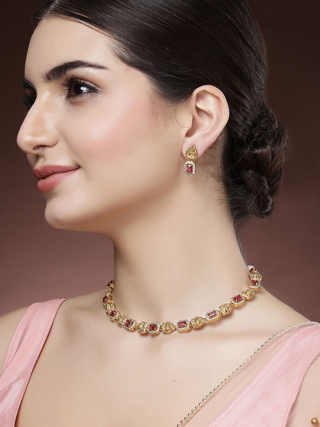 KARATCART Gold Plated Stone Studded Laxmi Mata Temple Necklace and Earrings
