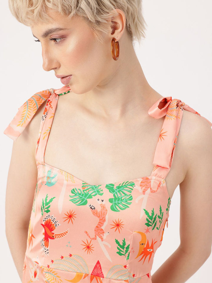 DressBerry Enduring Chic Satin Finish Printed Side Slit A-Line Midi Dress