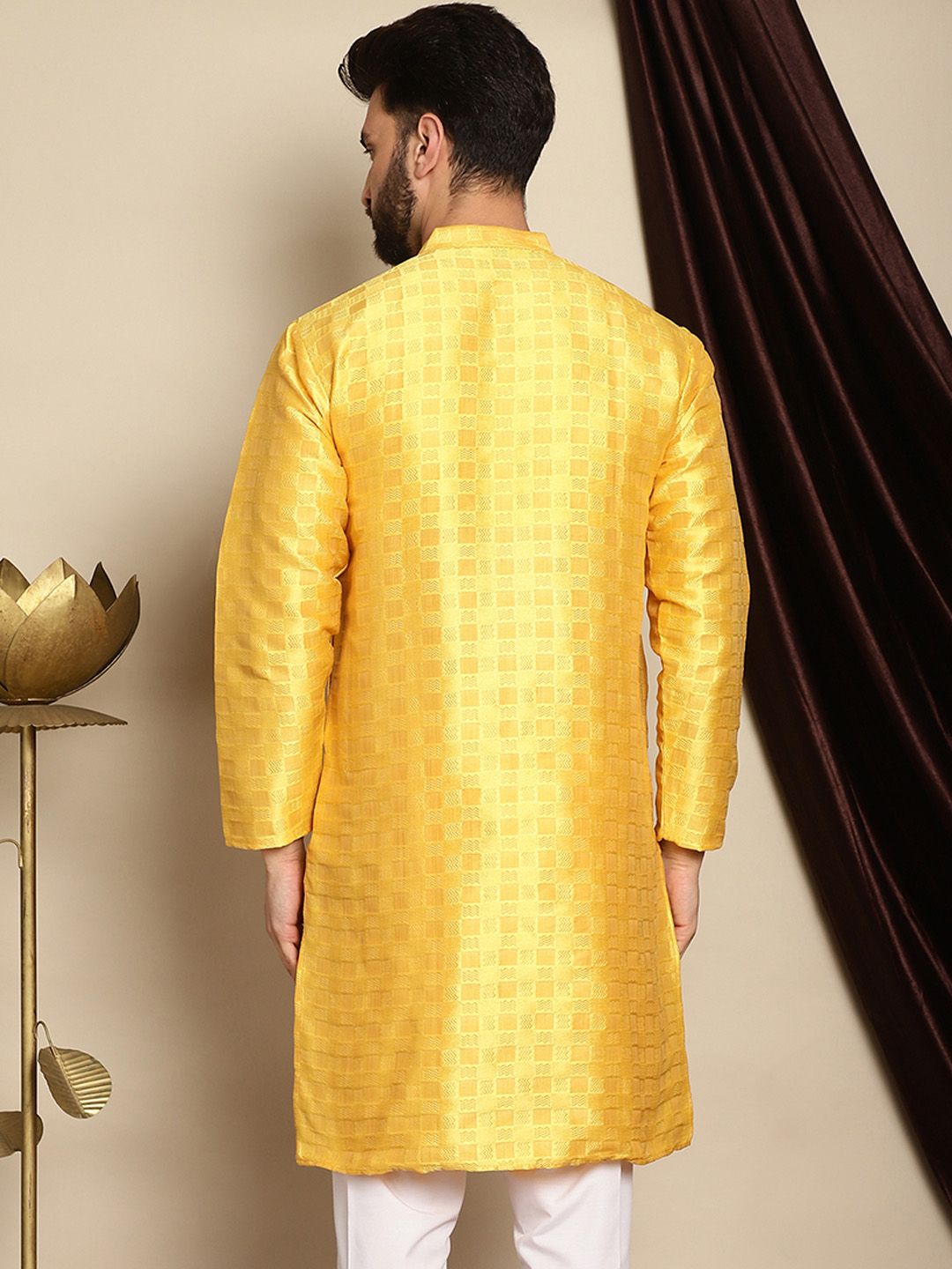 Anouk Yellow Ethnic Motifs Woven Design Mandarin Collar Straight Jaquard Silk Kurta