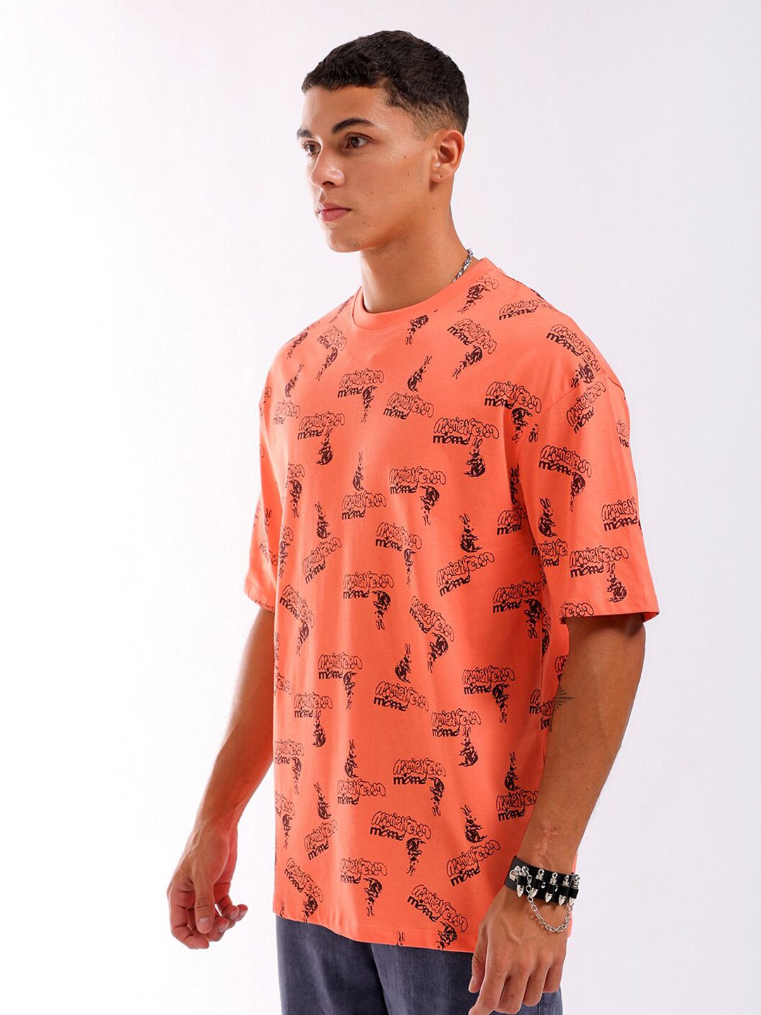 The Indian Garage Co Men All Over Printed Round Neck Pure Cotton Boxy Oversized T-shirt