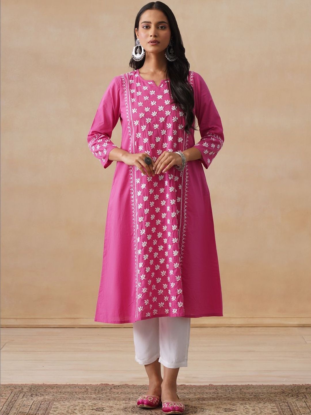 House of Chikankari Women Solid Fuchsia Cotton A-Line Kurta