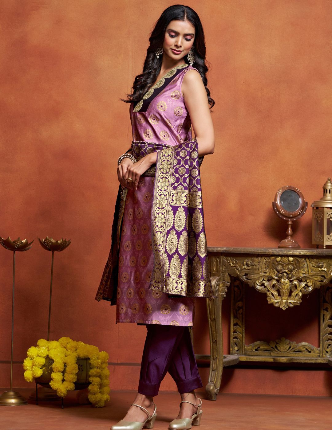 KALINI Dharti Floral Woven Design V-Neck Banarasi Straight Kurta With Salwar & Dupatta