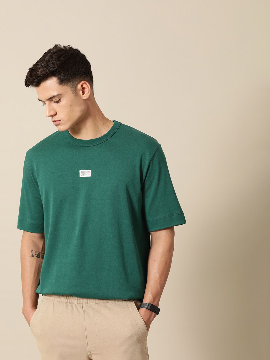 Mr Bowerbird Solid Pure Cotton Casual Oversized T-shirt With Patchwork Detail
