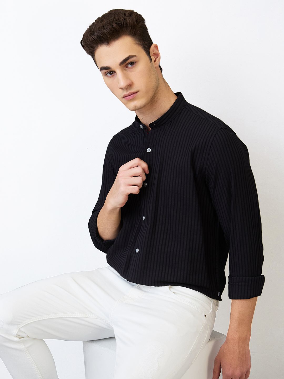 SPYKAR Men Band Collar Vertical Striped Cotton Casual Shirt