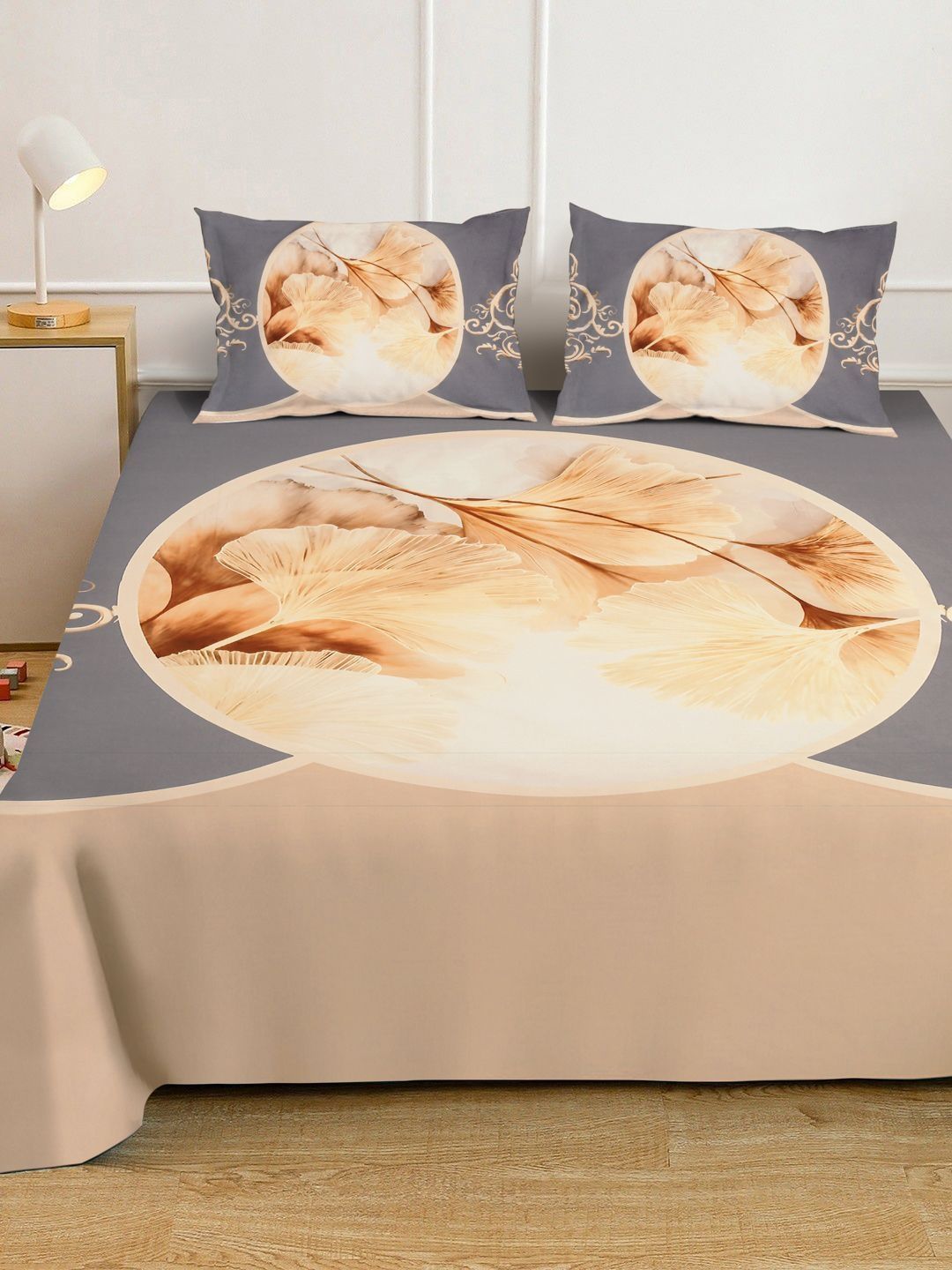 KLOTTHE Grey & Beige Floral Printed Dilengkapi Cadar Katil King 300 TC Dengan 2 Sarung Bantal