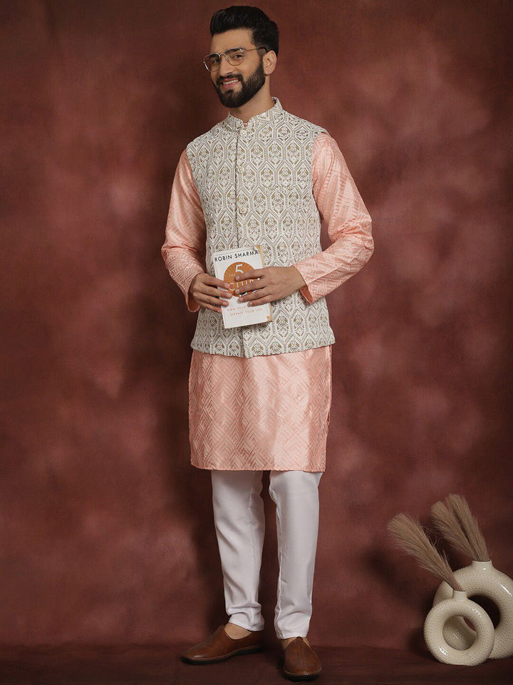 Anouk Embroidered Regular Thread Work Kurta With Churidar & Nehru Jacket