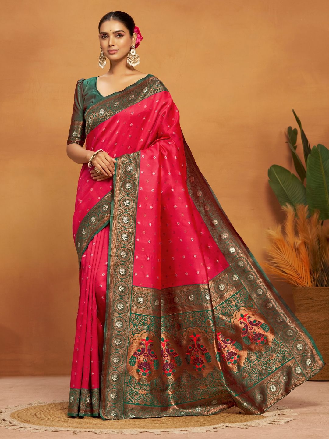 Kalini Silk Blend Woven Paithani Saree with Blouse Piece