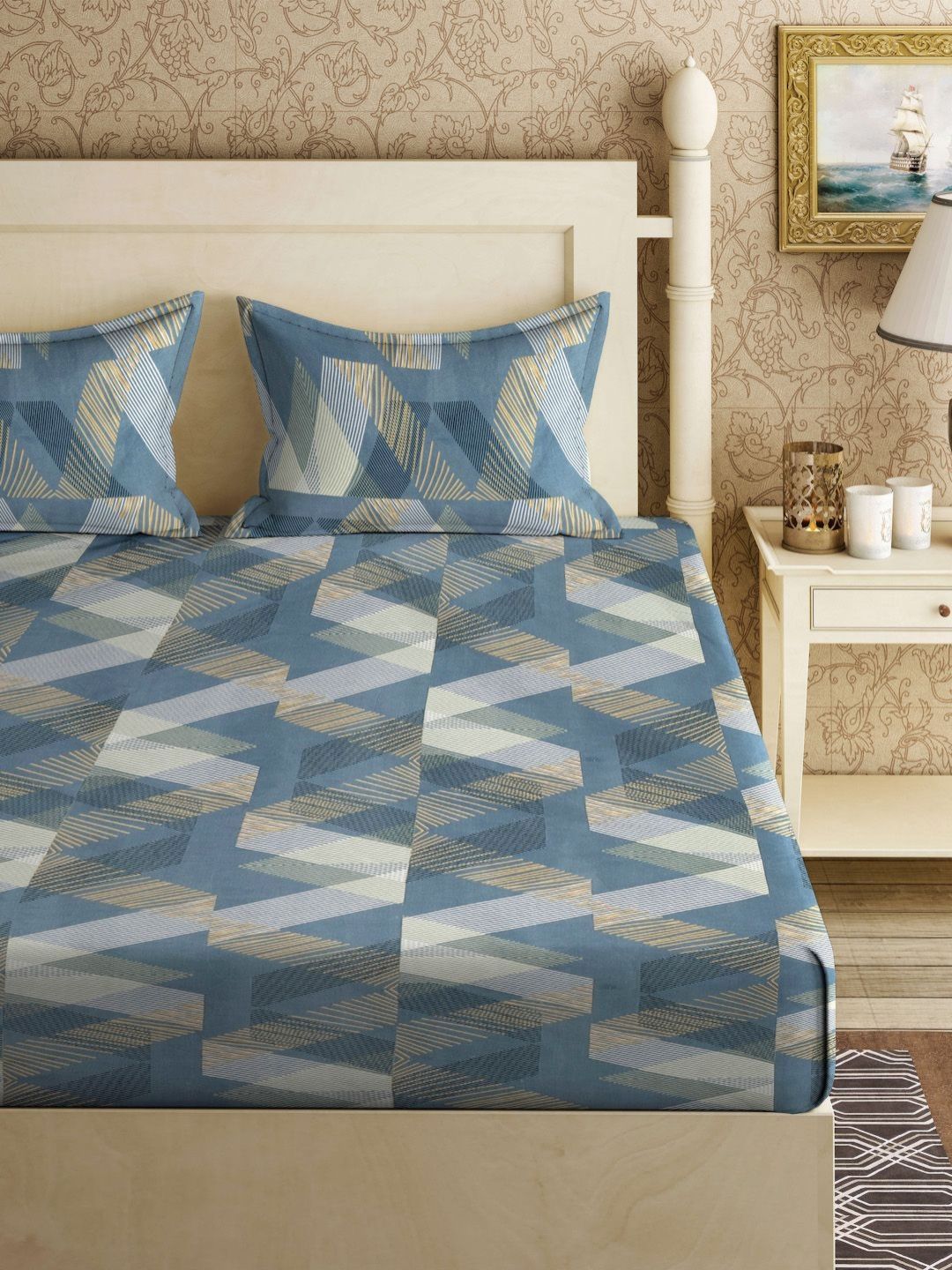 Aura Turquoise Blue & Brown Printed Dilengkapi Cadar King 300TC Dengan 2 Sarung Bantal