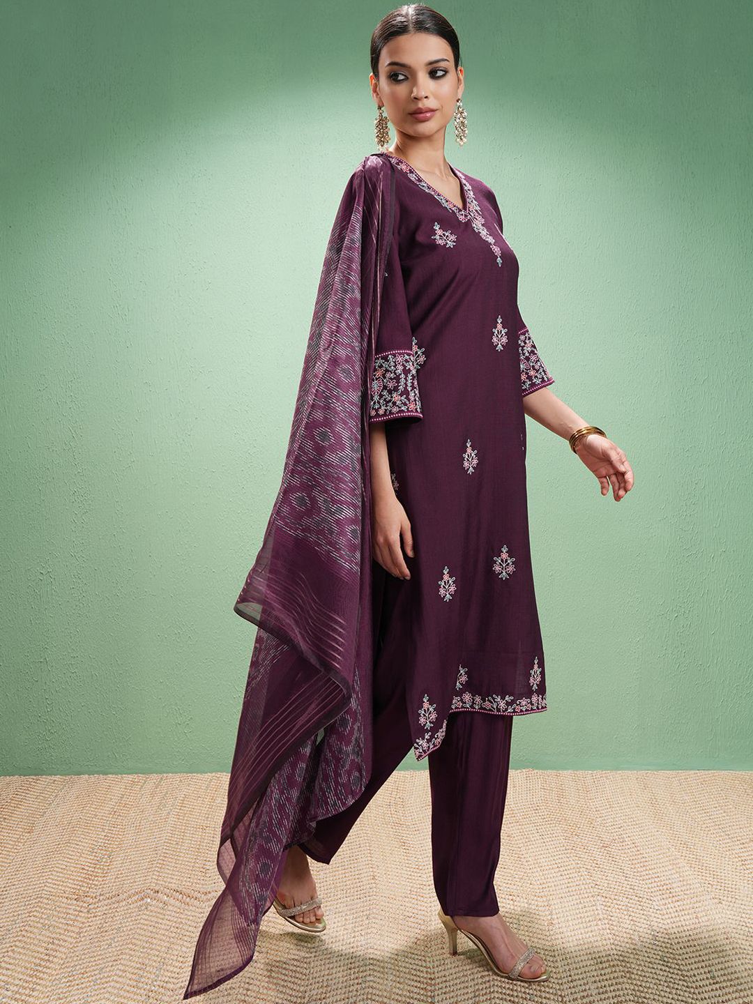 Vishudh Women Ethnic Motifs Embroidered Regular Thread Work Kurta with Trousers & With Dupatta