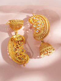Rubans 22K Motif Peacock Gold-plated Earring Earring Jhumka dengan Batu Putih & Mutiara Drop