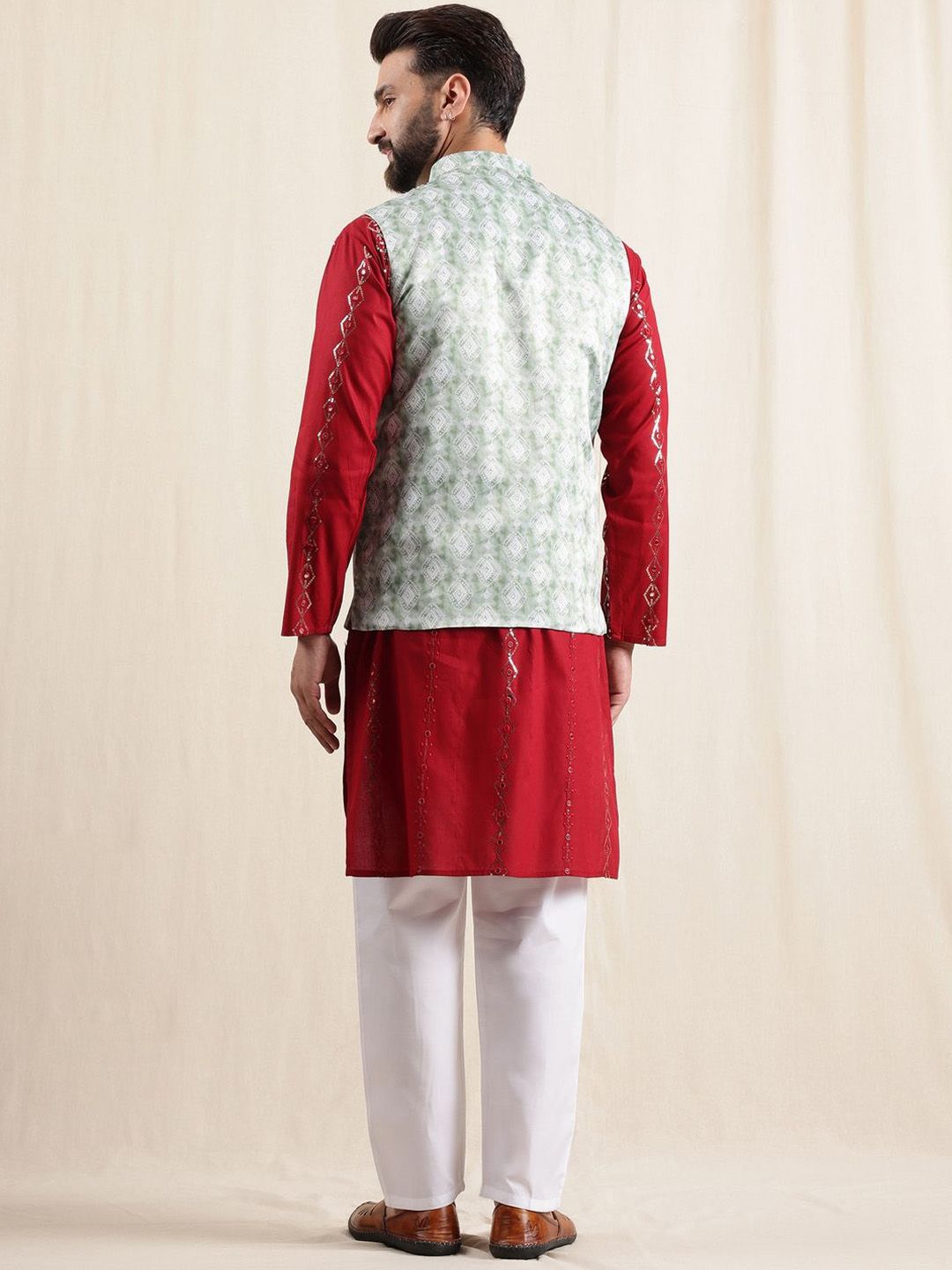 Kurta Kapas Sulam Padat Lelaki Anouk dengan Piyama & Jaket Nehru