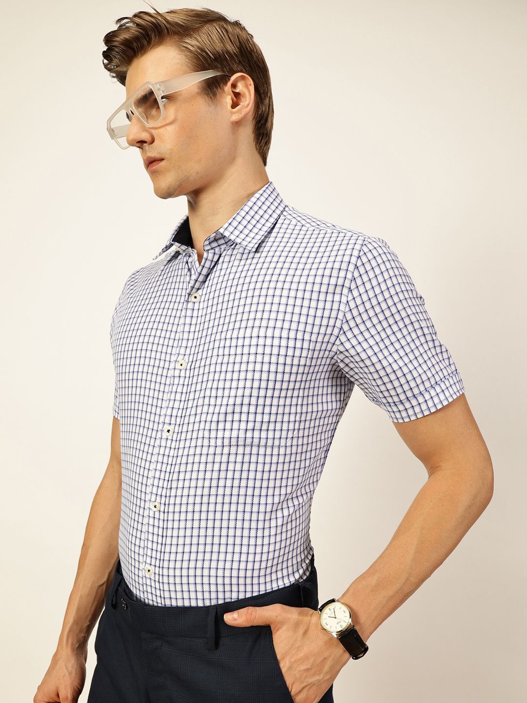 Thomas Scott Men Smart Spread Collar Gingham Checked Cotton Formal Shirt