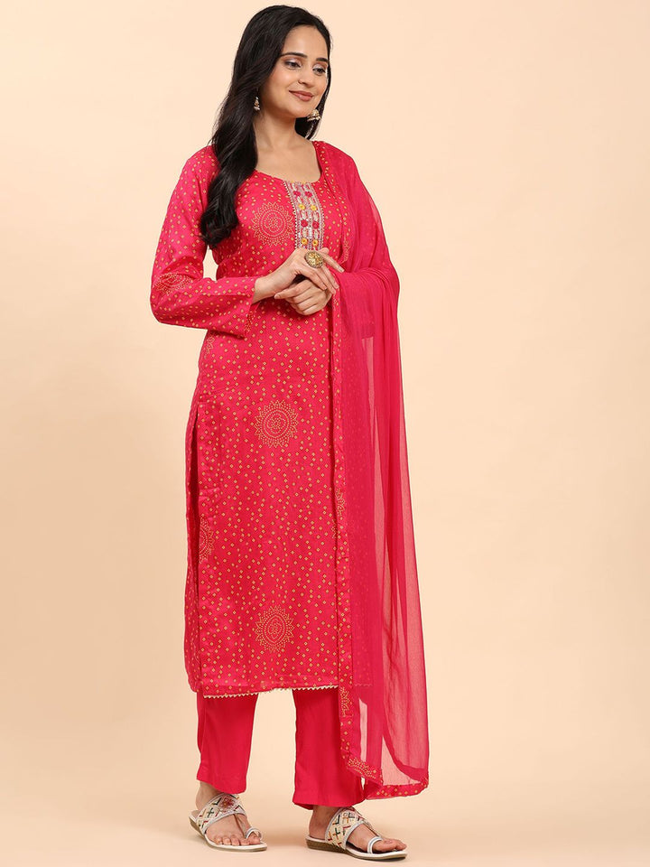 Mamicha Women Bandhani Embroidered Regular Pure Cotton Kurta with Palazzos & With Dupatta
