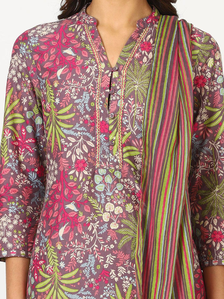 W Purple Floral Printed Three-Quarter Sleeves Pure Cotton Kurta With Trouser & Dupatta