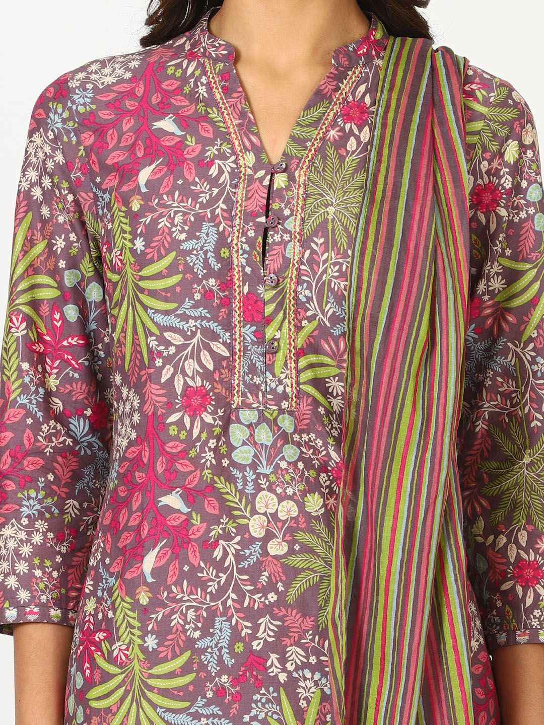 W Purple Floral Printed Three-Quarter Sleeves Pure Cotton Kurta With Trouser & Dupatta