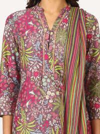 W Purple Floral Printed Three-Quarter Sleeves Pure Cotton Kurta With Trouser & Dupatta