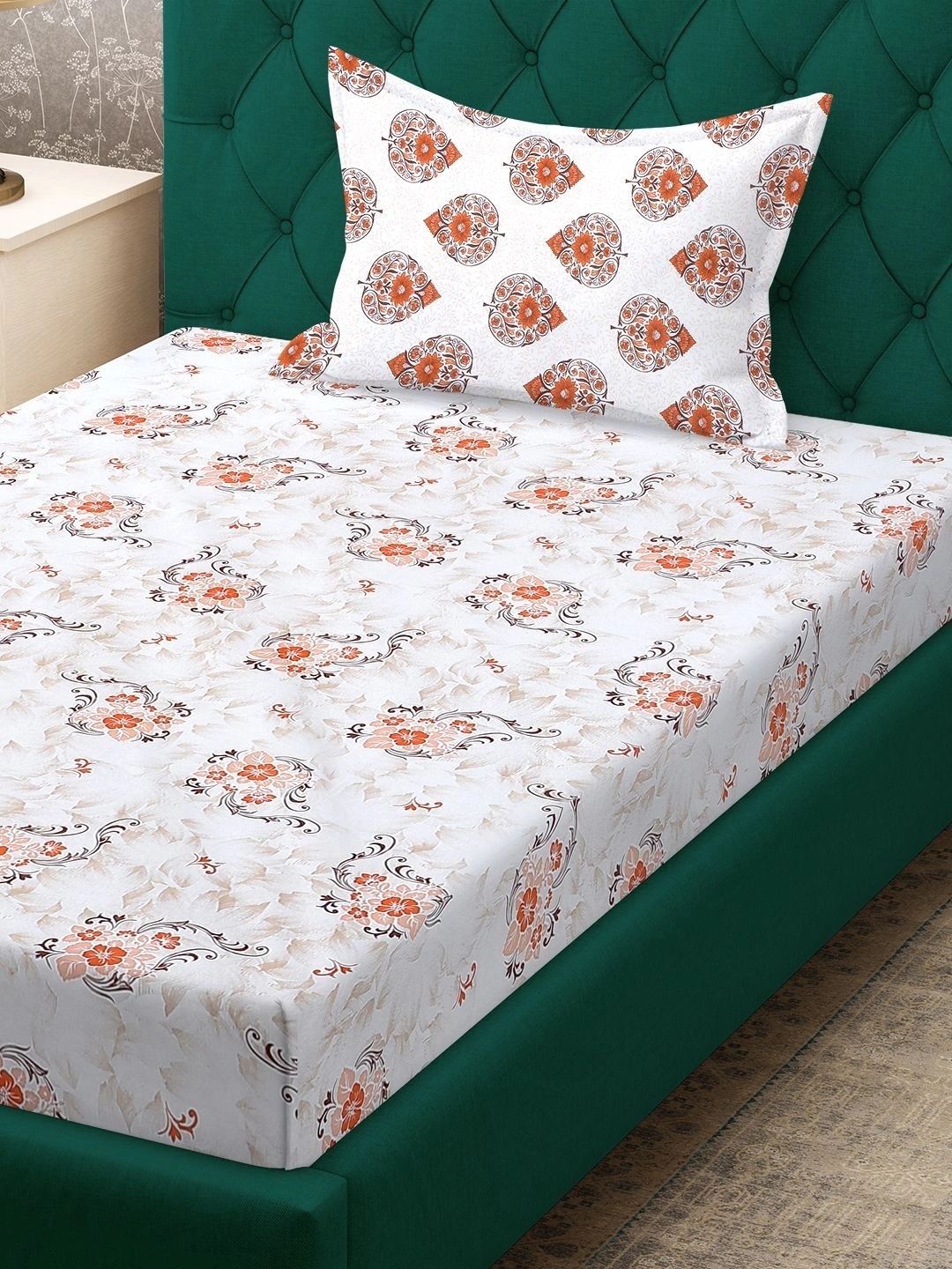 Myntra Elegant Homes White & Orange Floral 400 TC Single Bedsheet with 1 Pillow Covers