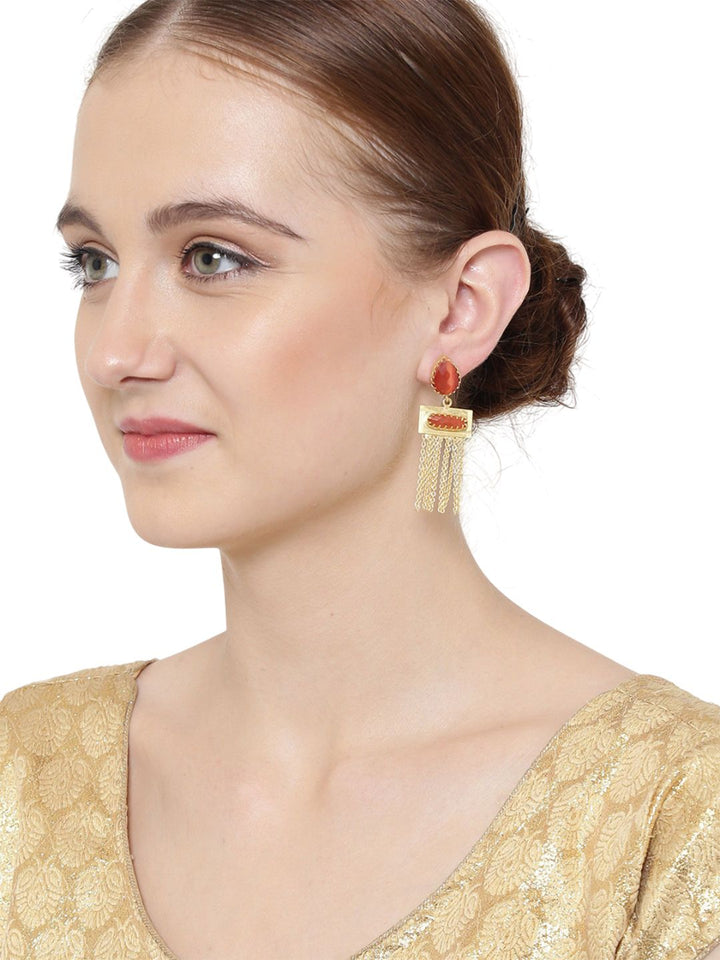 Anouk Gold-Plated Artificial Stone Studded Contemporary Tasselled Drop Earrings