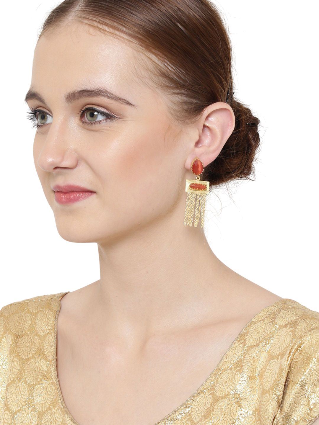 Anouk Gold-Plated Artificial Stone Studded Contemporary Tasselled Drop Earrings