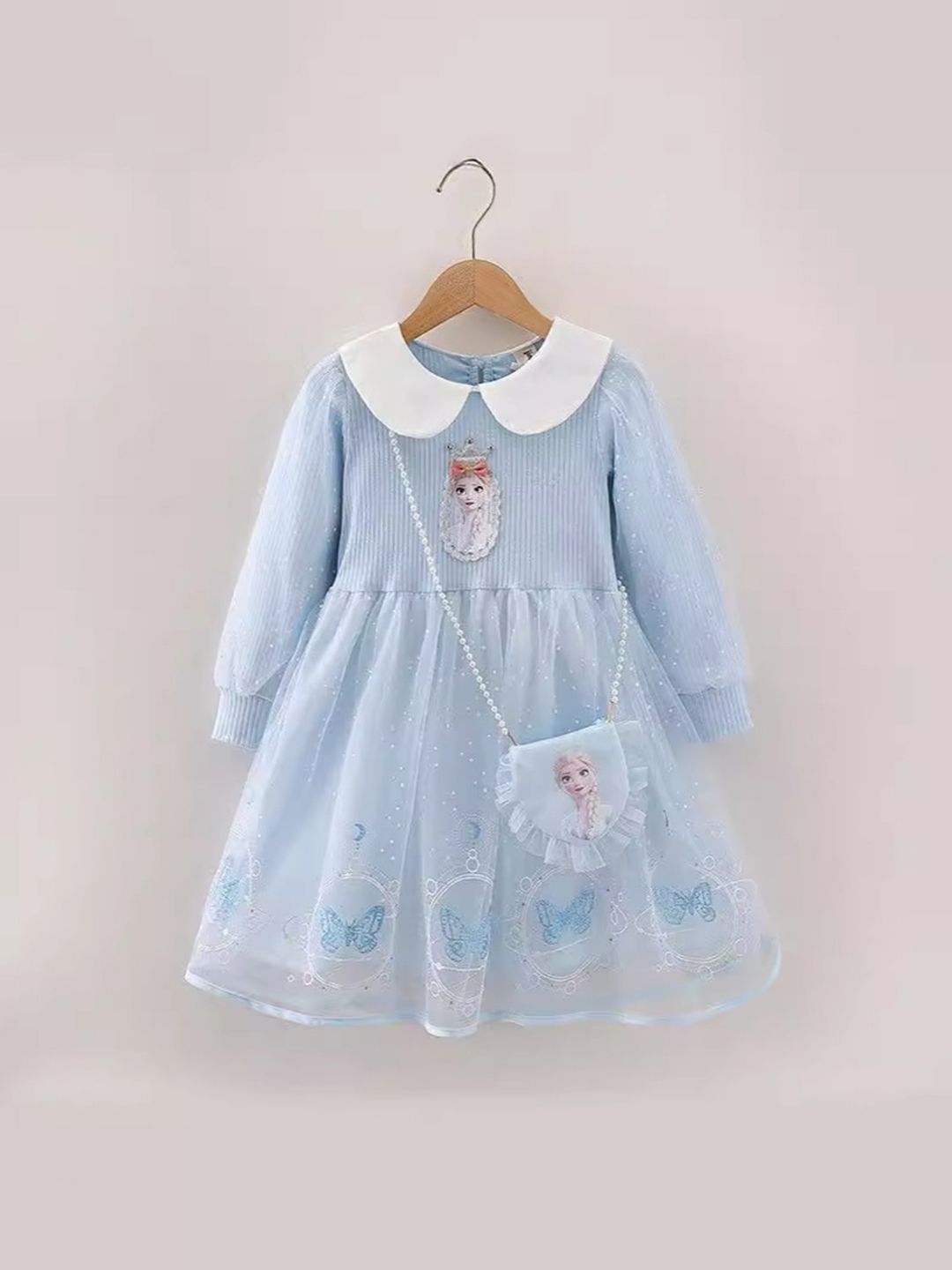 YK Girls Elsa Peter Pan Collar Cuffed Sleeve Fit & Flare Dress dengan Beg Sling