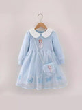 YK Girls Elsa Peter Pan Collar Cuffed Sleeve Fit & Flare Dress dengan Beg Sling