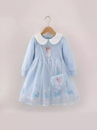 YK Girls Elsa Peter Pan Collar Cuffed Sleeve Fit & Flare Dress dengan Beg Sling