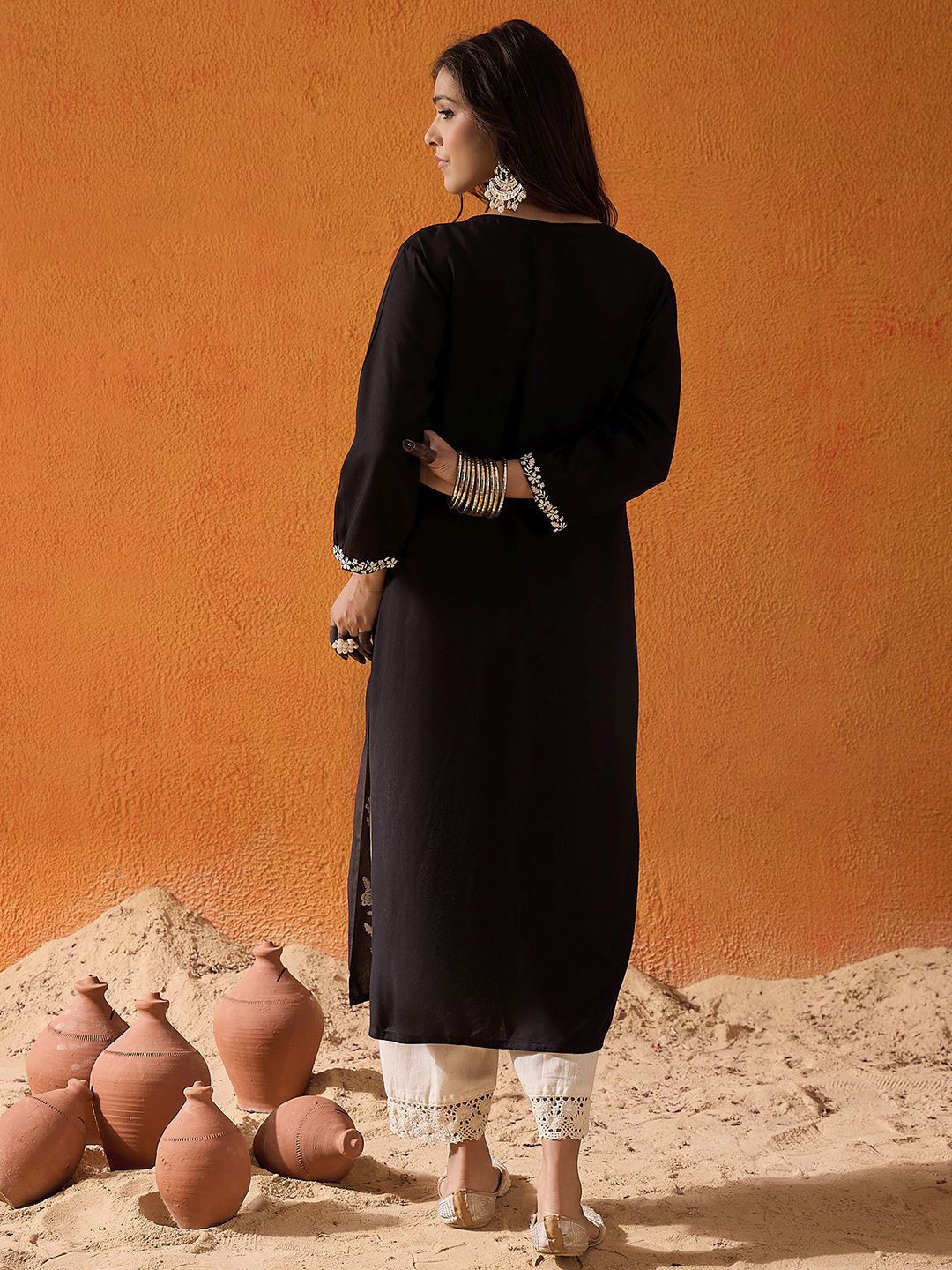 Indo Era Black Floral Embroidered Straight Kurta