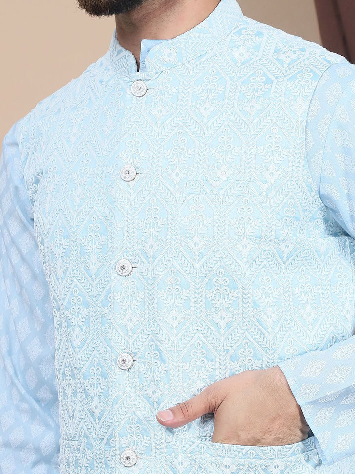 Anouk Floral Printed Regular Pure Cotton Straight Kurta With Churidar & Nehru Jacket