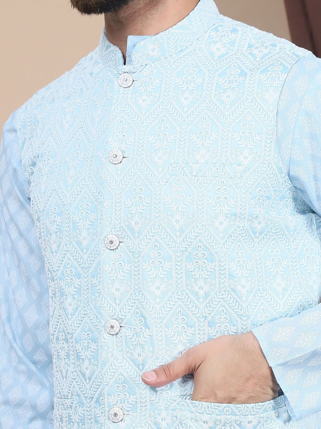 Anouk Floral Printed Regular Pure Cotton Straight Kurta With Churidar & Nehru Jacket